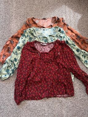 Sonoma Floral Blouse Trio - Burgundy, Mustard, Light Green